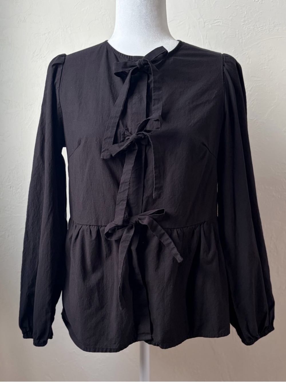 PrettyGarden Black Peplum Tie Front Bow Blouse Hidden Button Top Small